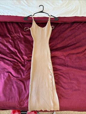 Love Tree Beige Ribbed Maxi Slip Dress with Side Buttons